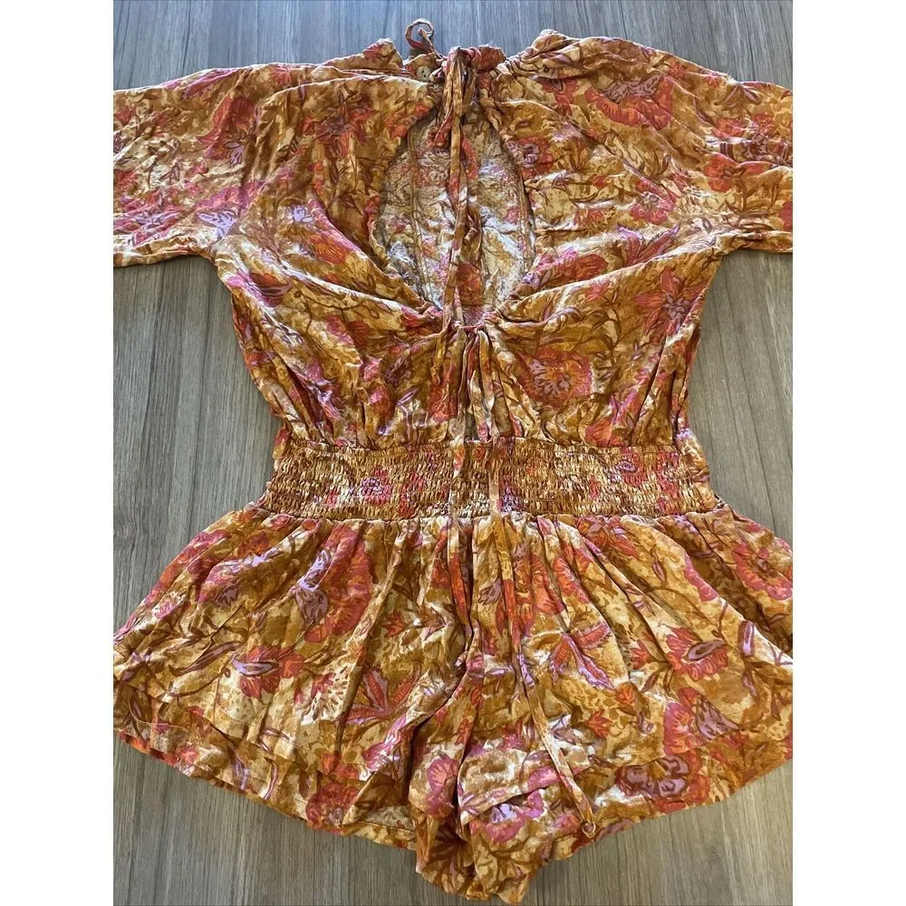 Free People Orange Dance‎ Til Dawn Romper Size Women's XS Ruffled Tie Up Romper